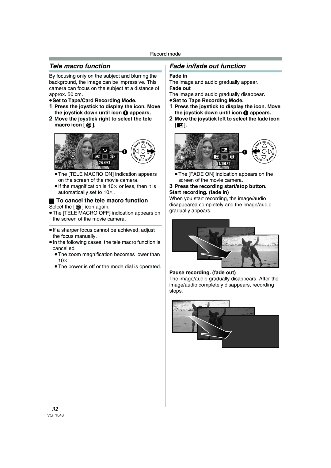 Panasonic NV GS 330 Tele macro function, Fade in/fade out function, To cancel the tele macro function 