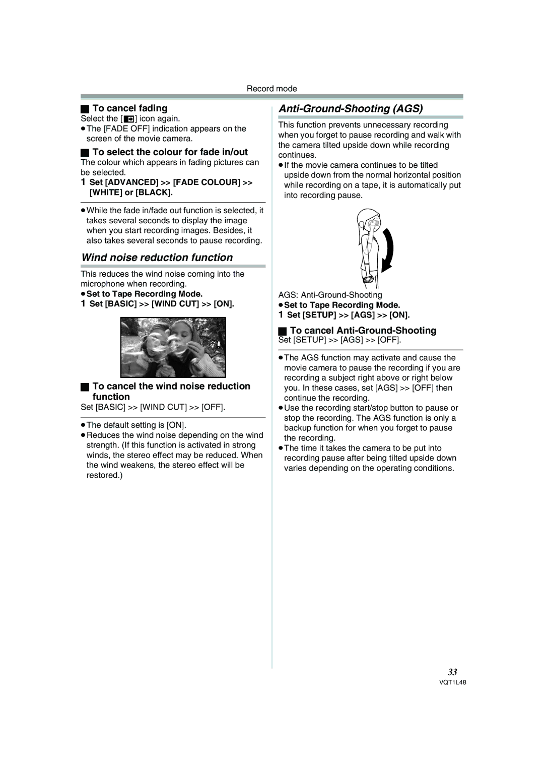 Panasonic NV GS 330 operating instructions Wind noise reduction function, Anti-Ground-Shooting AGS 