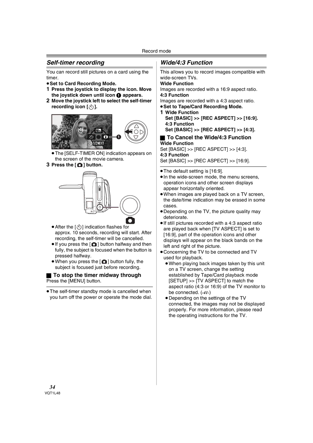 Panasonic NV GS 330 operating instructions Self-timer recording, Wide/43 Function, To stop the timer midway through 