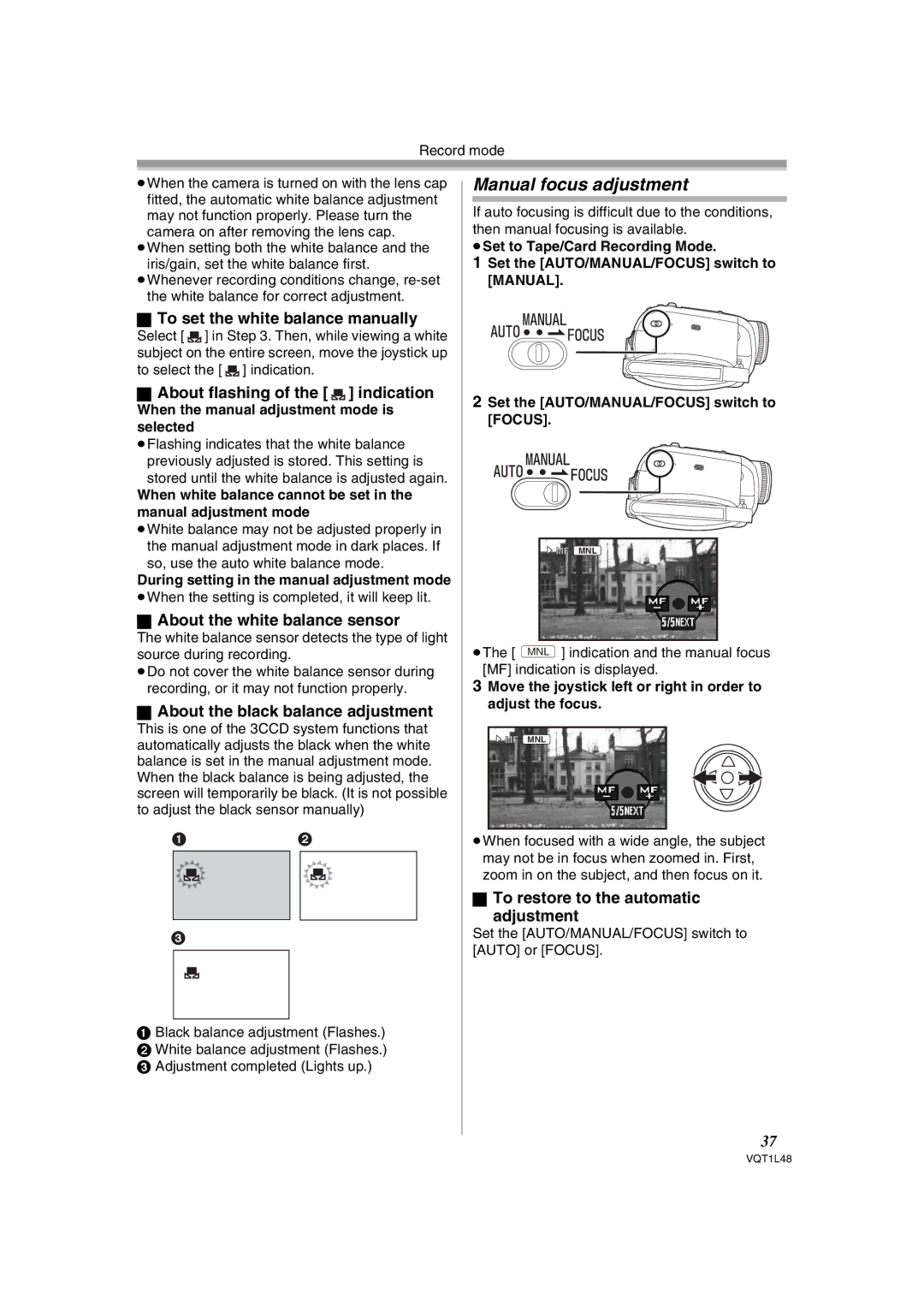 Panasonic NV GS 330 Manual focus adjustment, To set the white balance manually, About flashing of the indication 