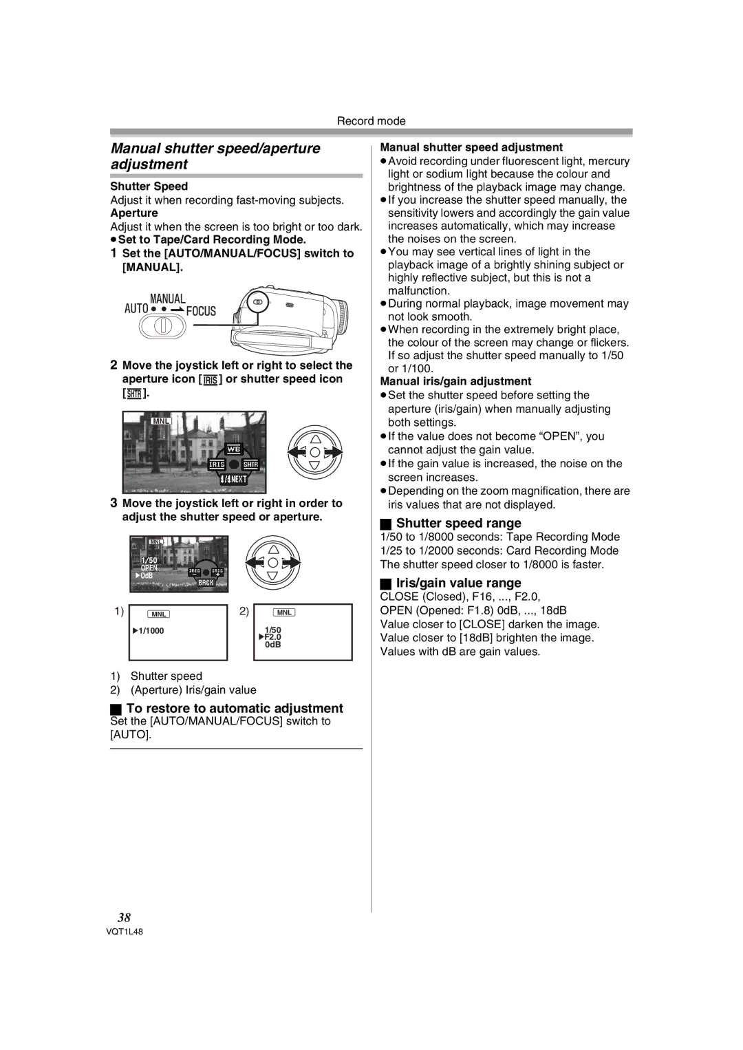 Panasonic NV GS 330 Manual shutter speed/aperture adjustment, Shutter speed range, Iris/gain value range 