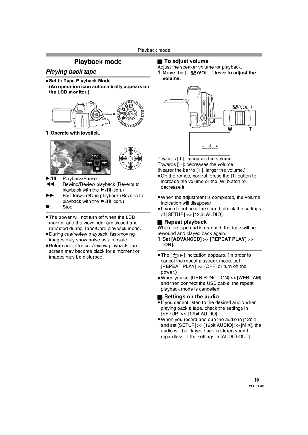 Panasonic NV GS 330 Playback mode, Playing back tape, To adjust volume, Repeat playback, Settings on the audio 