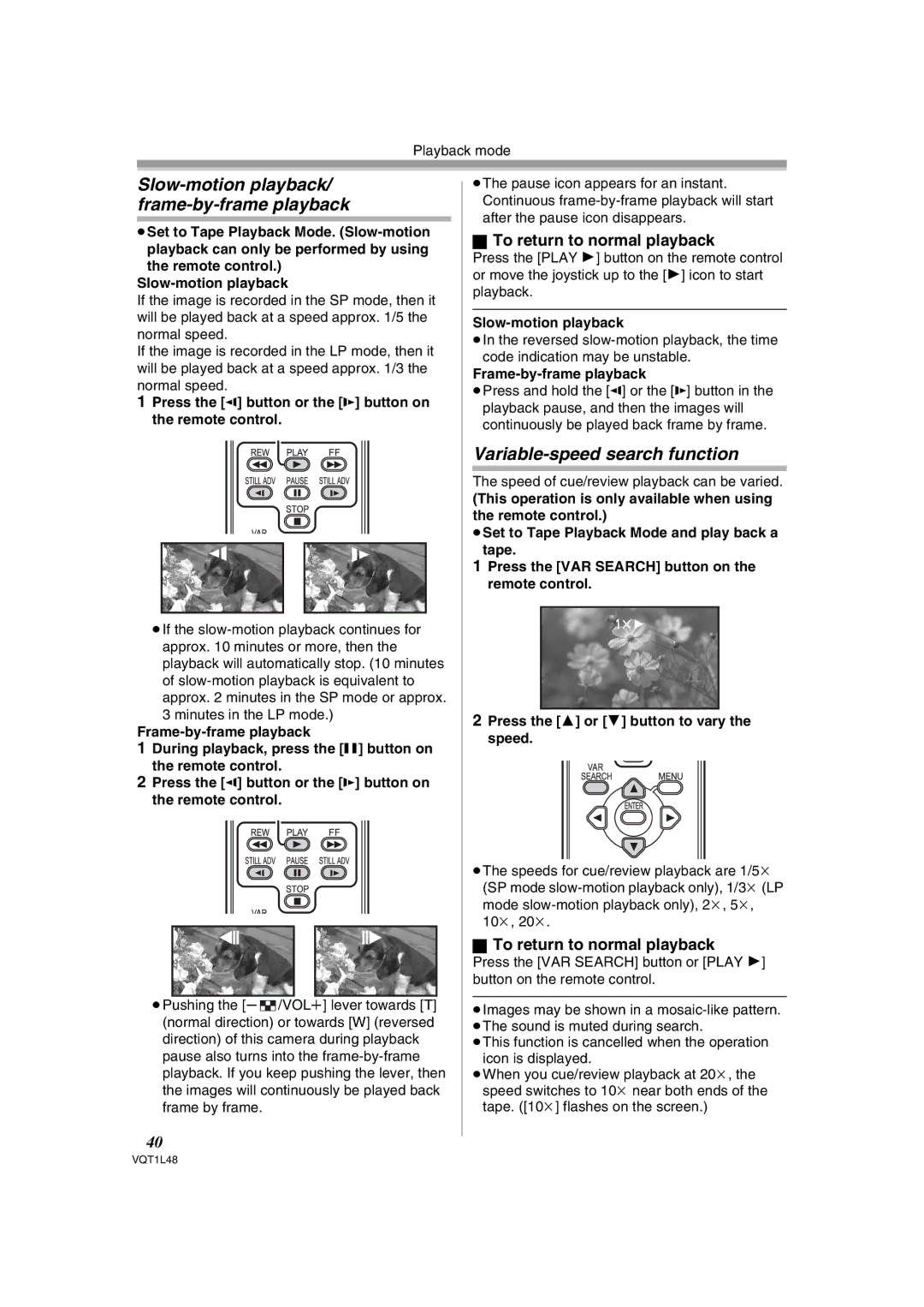 Panasonic NV GS 330 operating instructions Slow-motion playback/ frame-by-frame playback, Variable-speed search function 