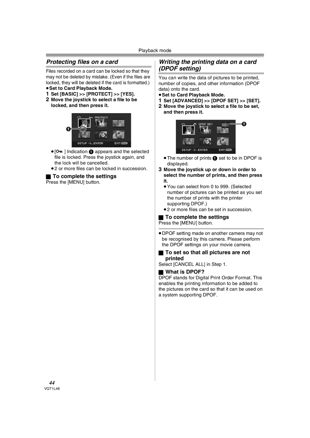 Panasonic NV GS 330 Protecting files on a card, Writing the printing data on a card Dpof setting, To complete the settings 