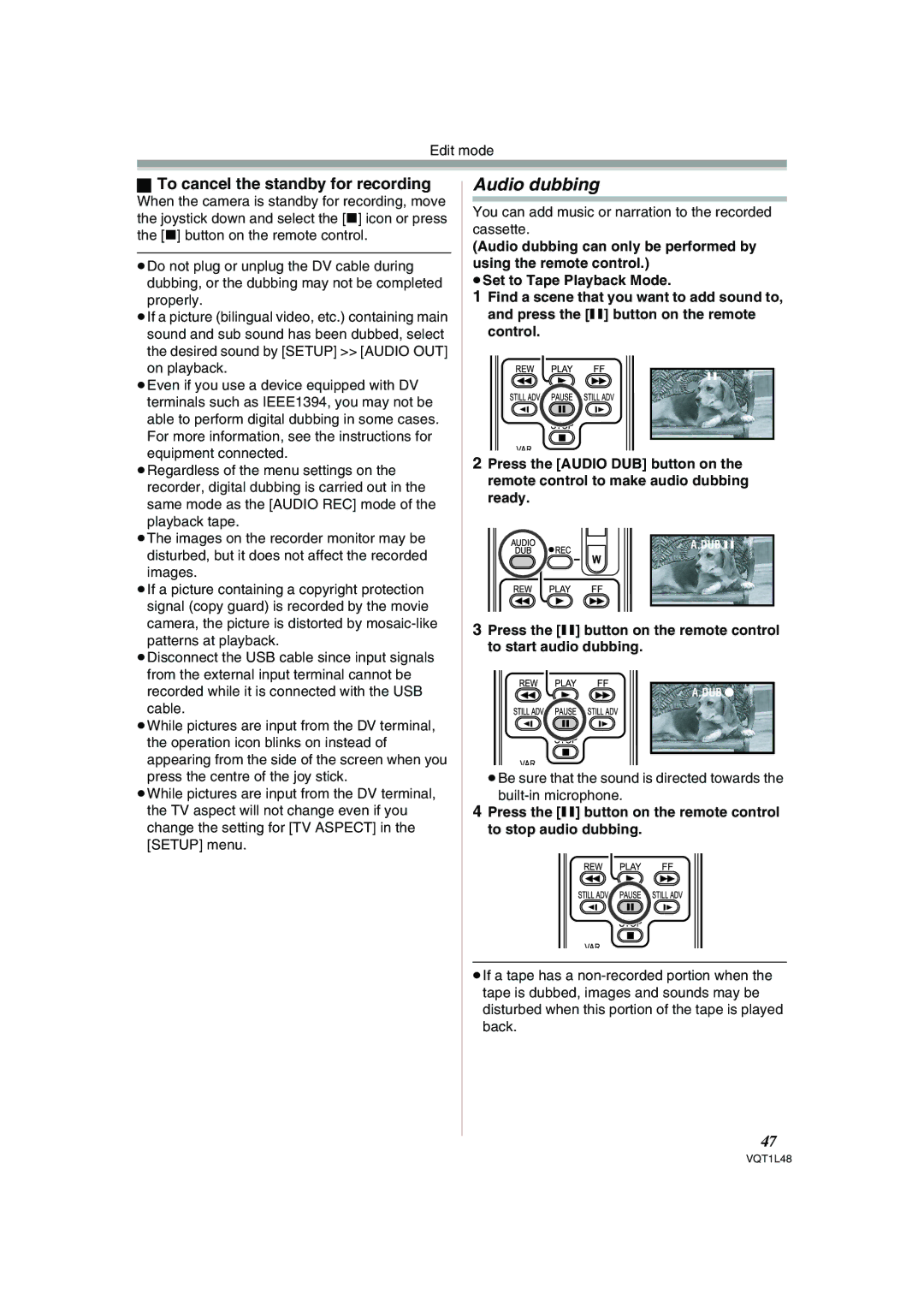 Panasonic NV GS 330 operating instructions Audio dubbing, To cancel the standby for recording 