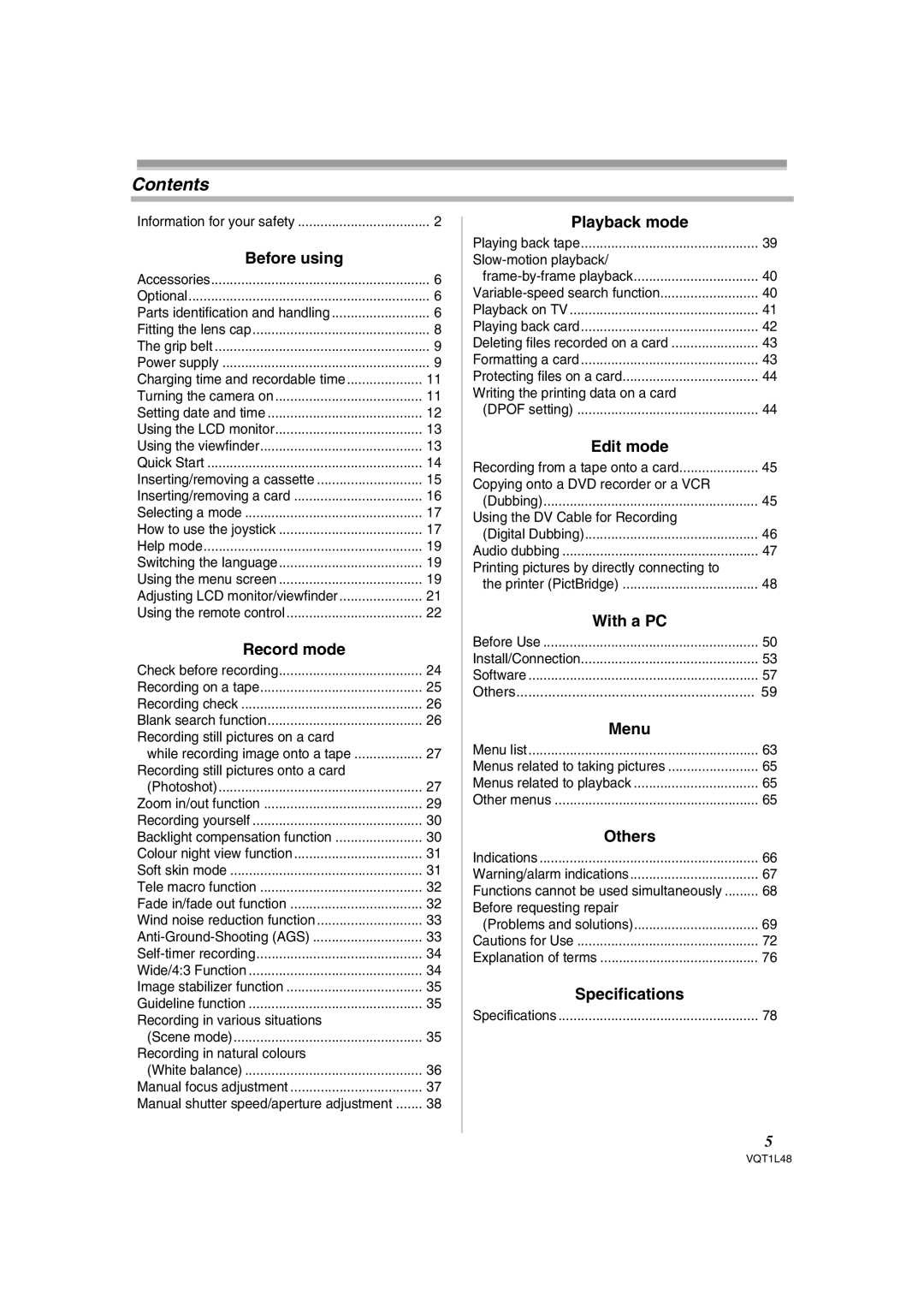 Panasonic NV GS 330 operating instructions Contents 