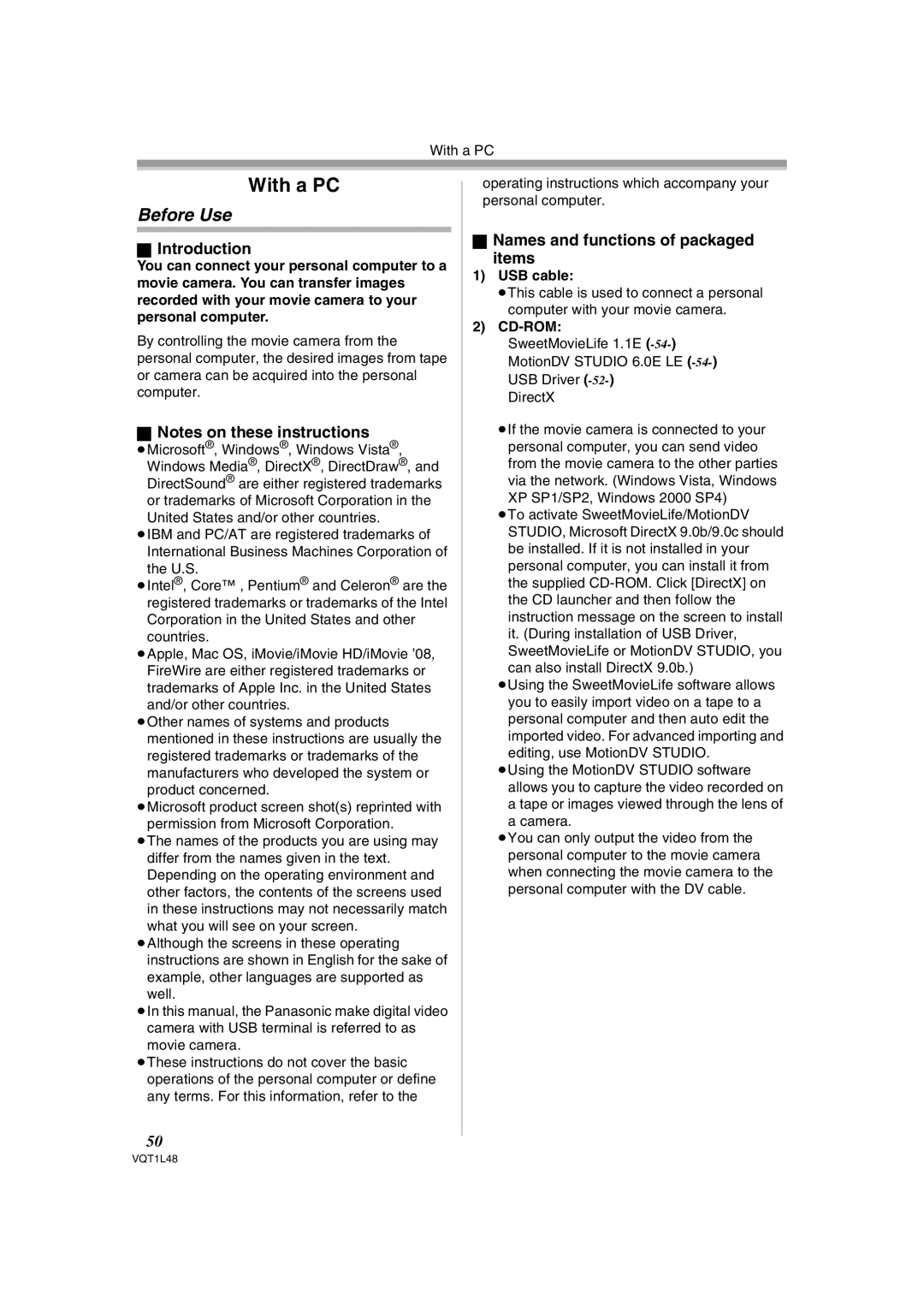 Panasonic NV GS 330 operating instructions With a PC, Before Use, Introduction, Names and functions of packaged Items 