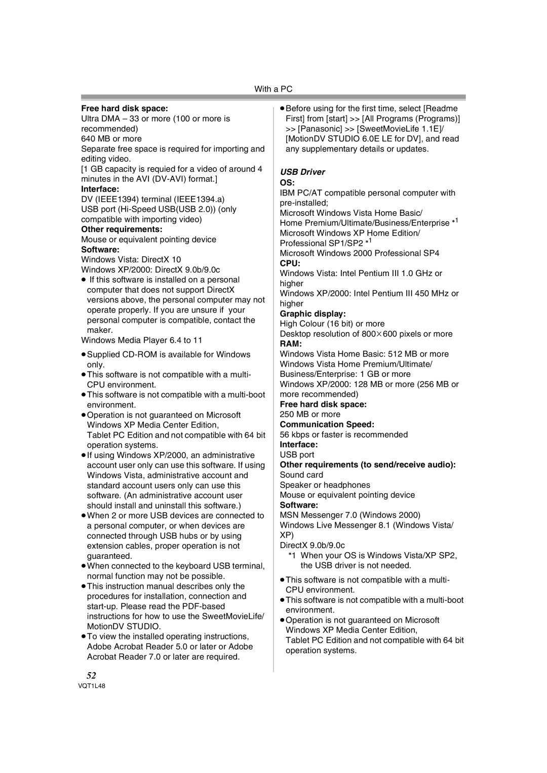 Panasonic NV GS 330 operating instructions USB Driver 