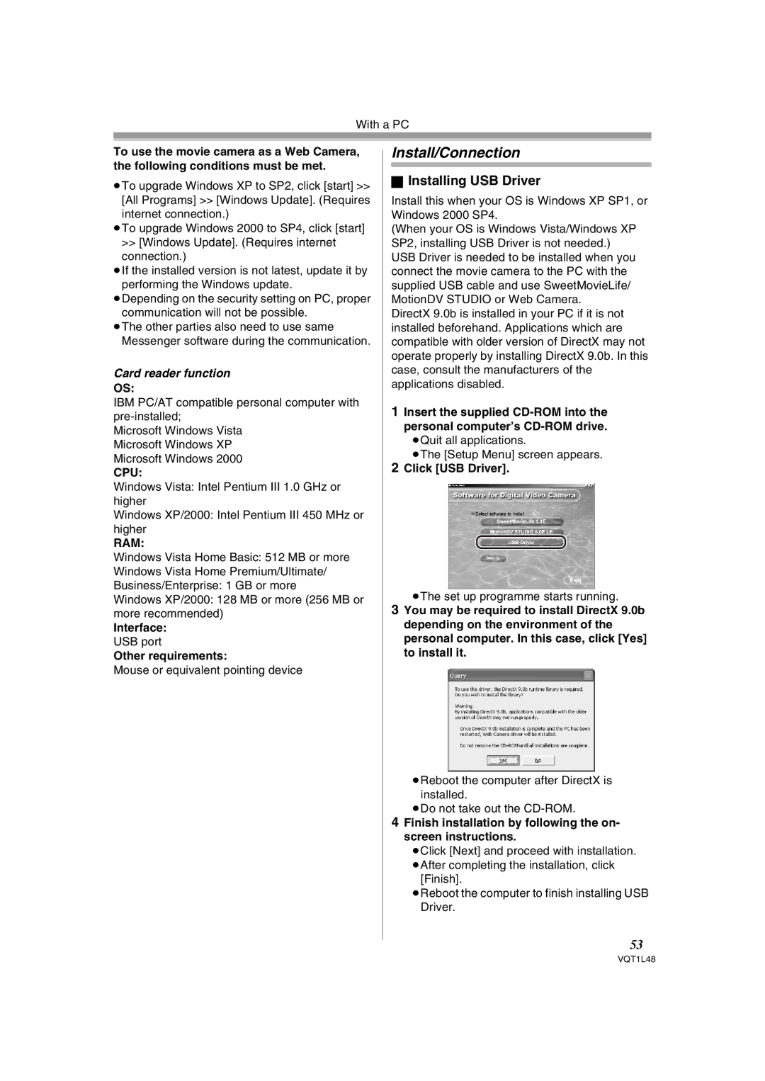 Panasonic NV GS 330 Install/Connection, Installing USB Driver, Card reader function, Click USB Driver 