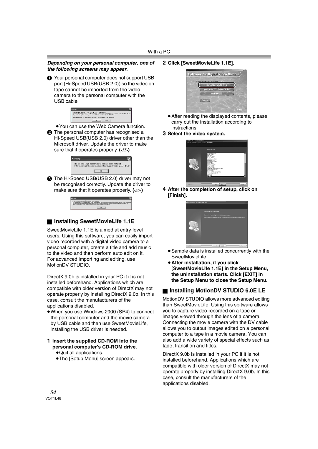 Panasonic NV GS 330 Installing SweetMovieLife 1.1E, Installing MotionDV Studio 6.0E LE, Click SweetMovieLife 1.1E 