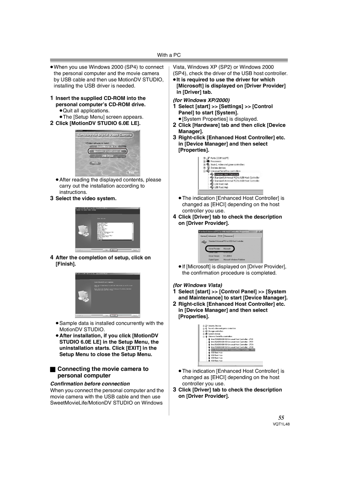 Panasonic NV GS 330 Connecting the movie camera to personal computer, Confirmation before connection, For Windows XP/2000 