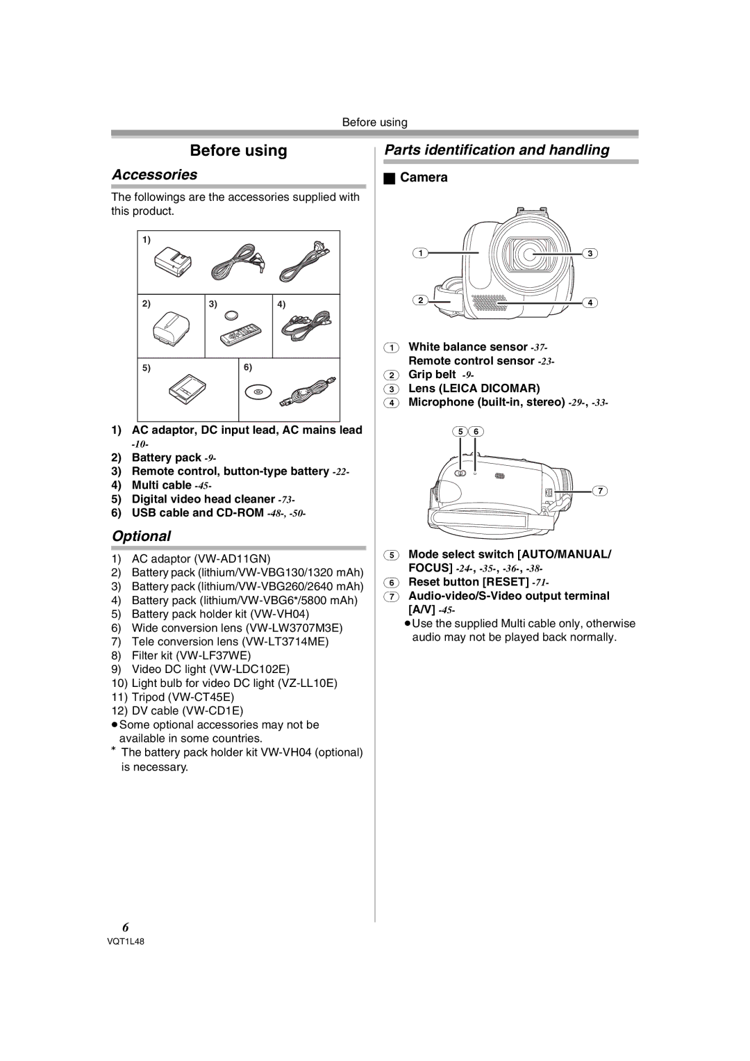 Panasonic NV GS 330 operating instructions Before using, Accessories, Optional, Parts identification and handling, Camera 