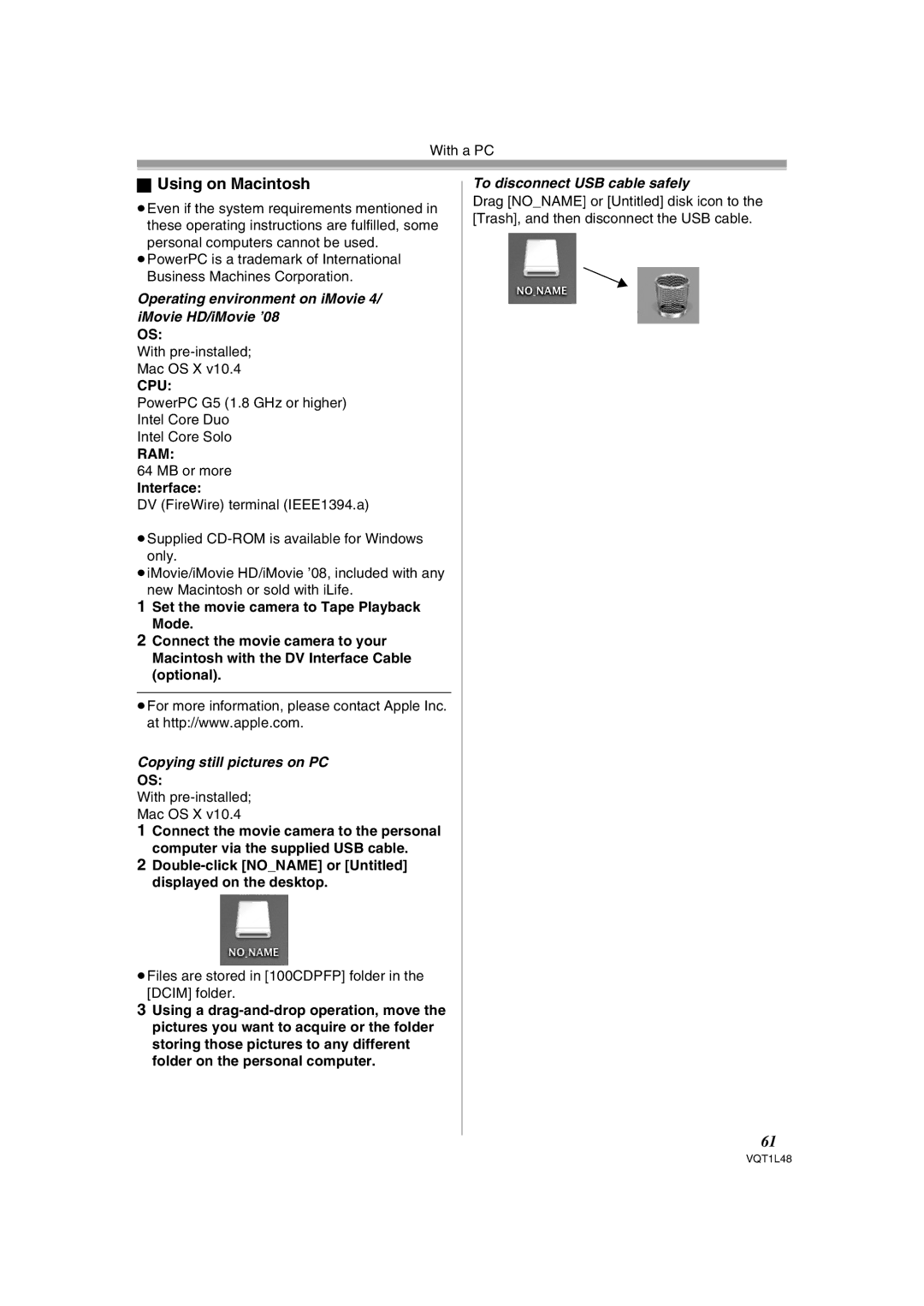 Panasonic NV GS 330 operating instructions Using on Macintosh, Operating environment on iMovie 4/ iMovie HD/iMovie ’08 