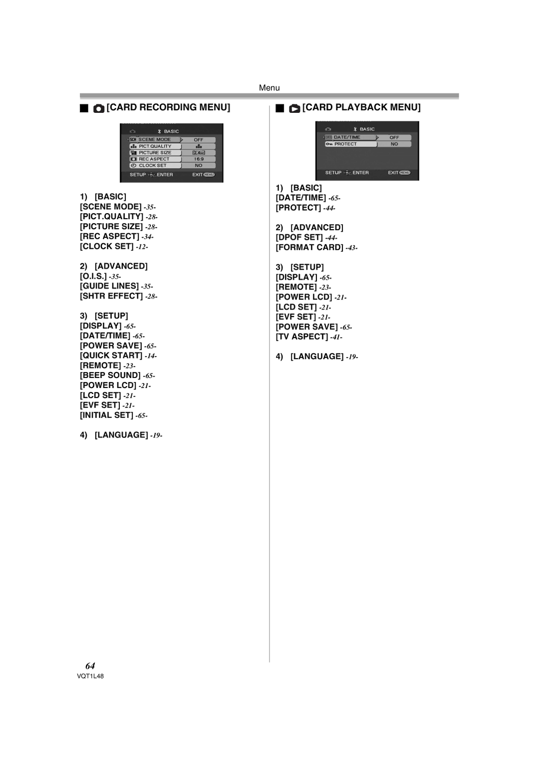 Panasonic NV GS 330 operating instructions Card Recording Menu, Card Playback Menu, Basic DATE/TIME -65-PROTECT 