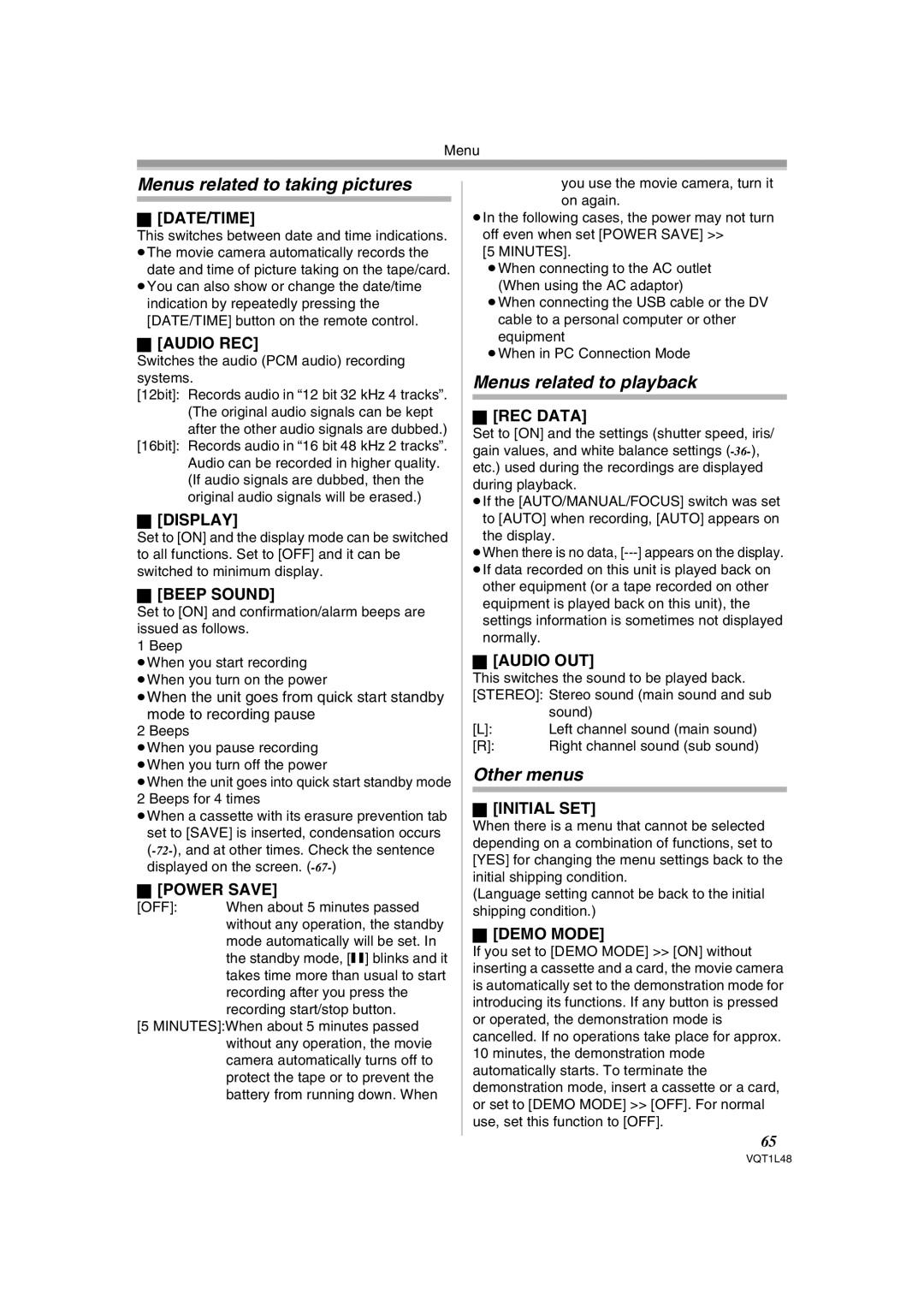 Panasonic NV GS 330 operating instructions Menus related to taking pictures, Menus related to playback, Other menus 