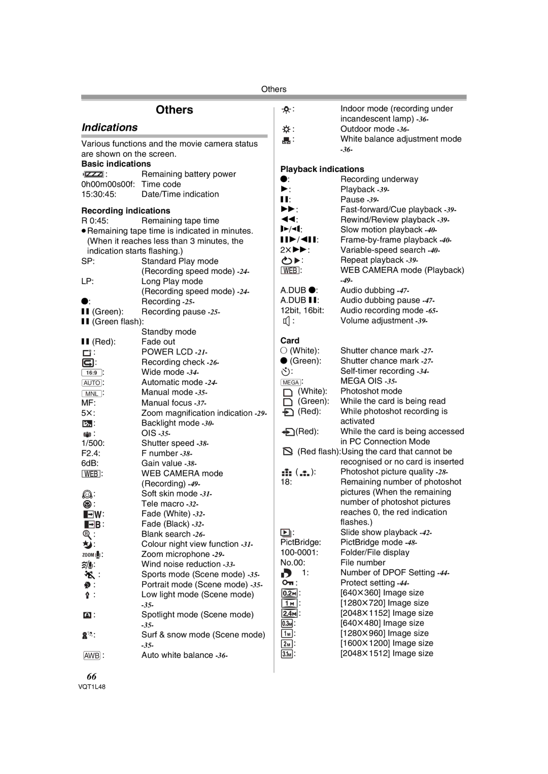 Panasonic NV GS 330 operating instructions Others, Indications 