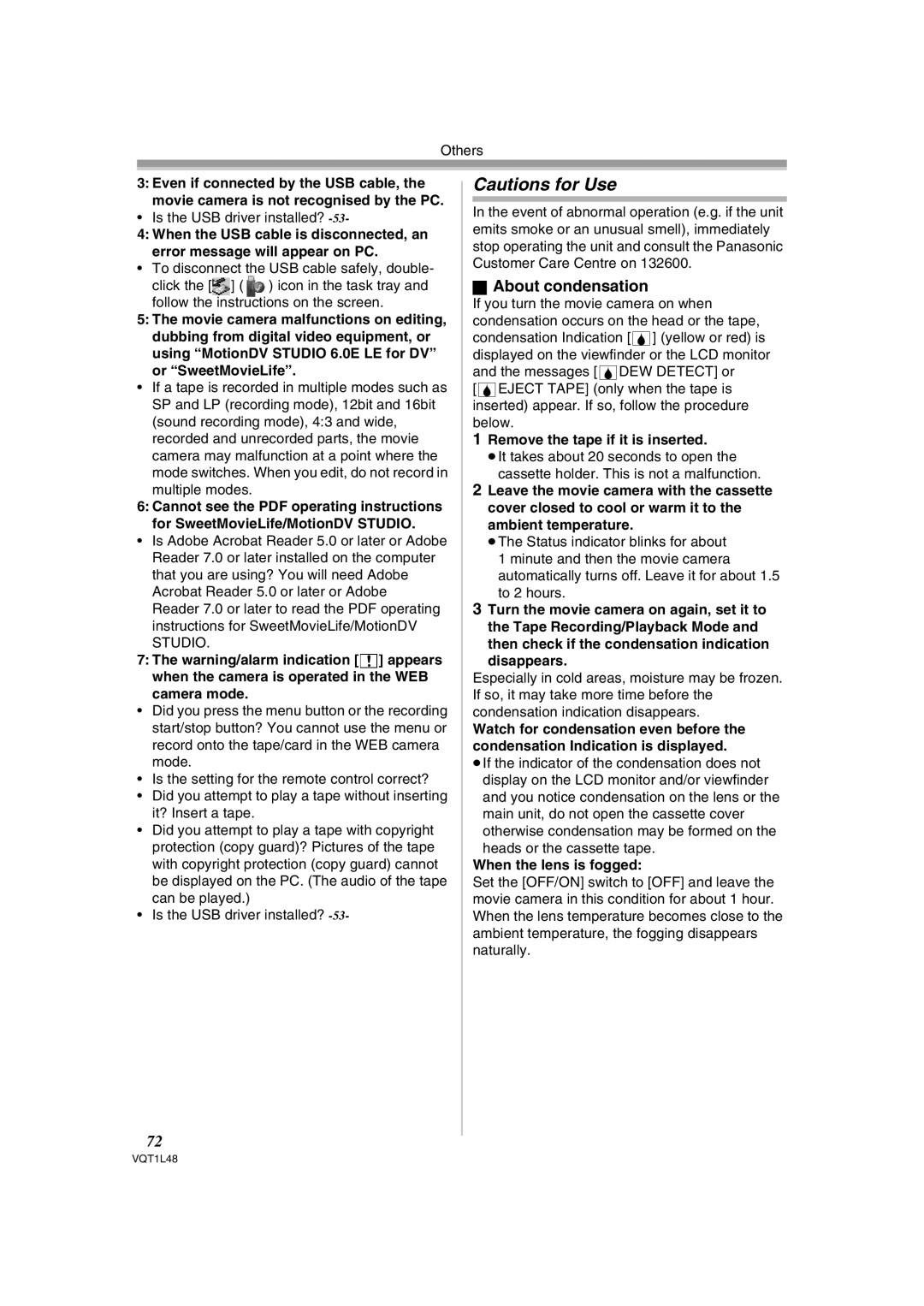 Panasonic NV GS 330 operating instructions About condensation 