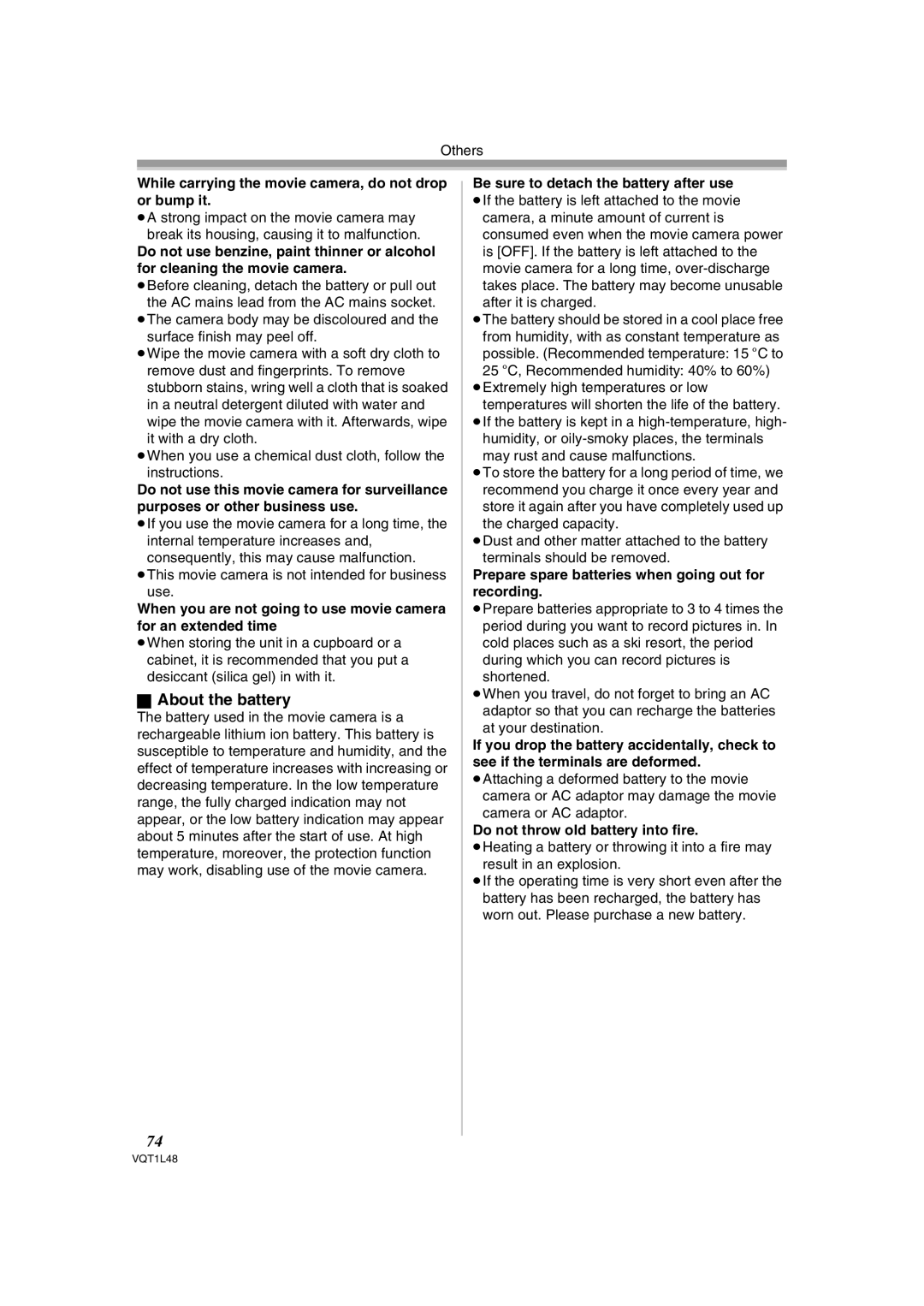 Panasonic NV GS 330 operating instructions About the battery, While carrying the movie camera, do not drop or bump it 