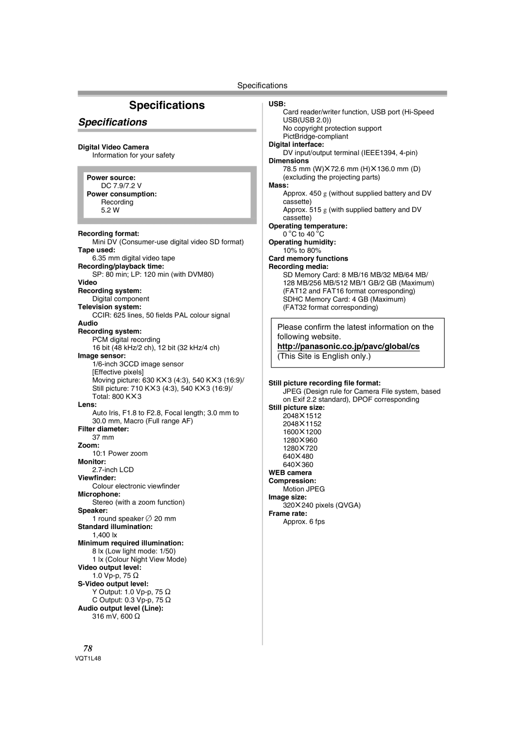 Panasonic NV GS 330 operating instructions Specifications, Http//panasonic.co.jp/pavc/global/cs, This Site is English only 