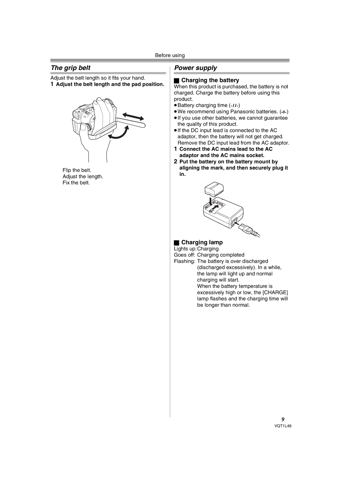 Panasonic NV GS 330 operating instructions Grip belt, Power supply, Charging the battery, Charging lamp 