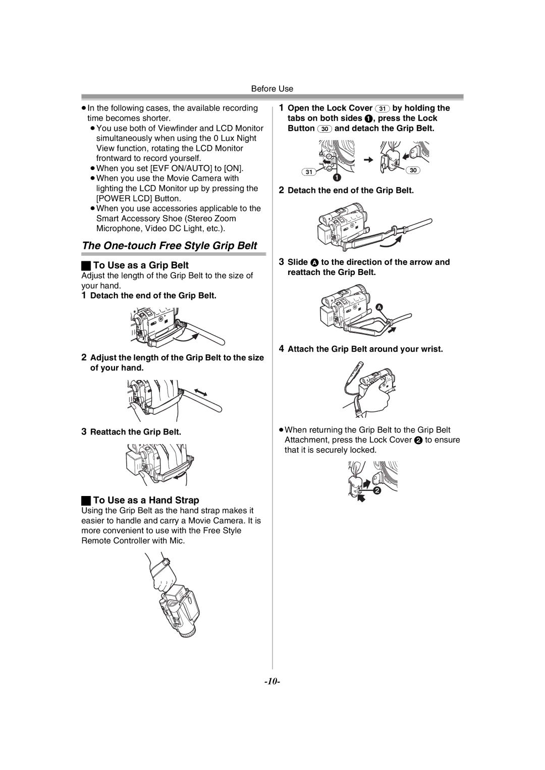 Panasonic NV-GS120GN operating instructions One-touch Free Style Grip Belt, To Use as a Grip Belt, To Use as a Hand Strap 