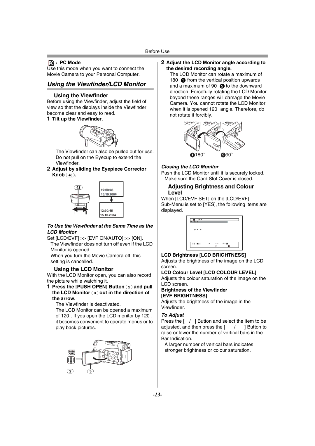 Panasonic NV-GS120GN Using the Viewfinder/LCD Monitor, Using the LCD Monitor, Adjusting Brightness and Colour Level 