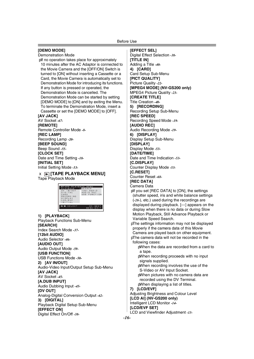 Panasonic NV-GS120GN operating instructions Tape Playback Menu 