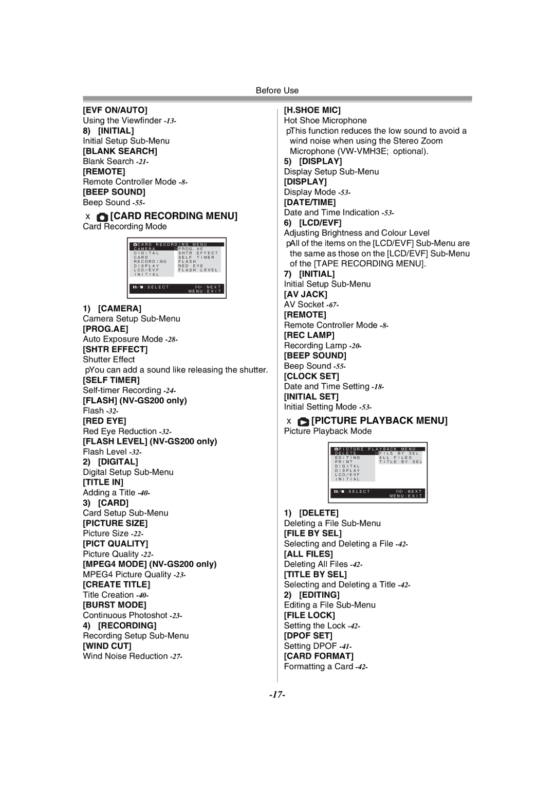 Panasonic NV-GS120GN operating instructions Card Recording Menu, Picture Playback Menu 