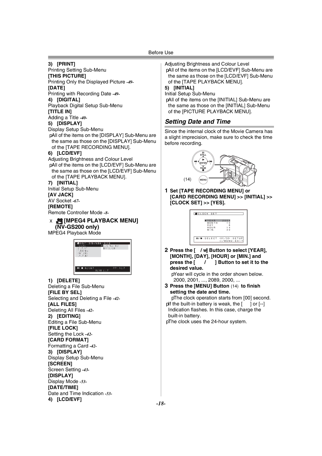 Panasonic NV-GS120GN operating instructions Setting Date and Time, MPEG4 Playback Menu NV-GS200 only 