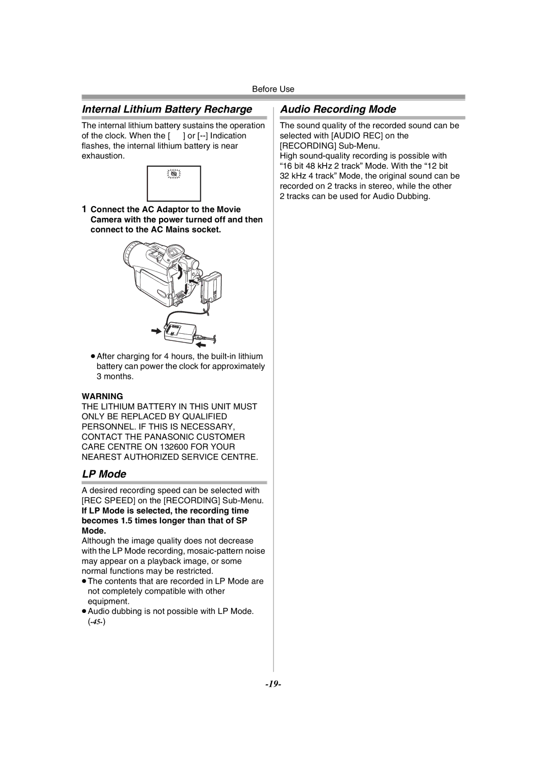 Panasonic NV-GS120GN operating instructions Internal Lithium Battery Recharge, LP Mode, Audio Recording Mode 