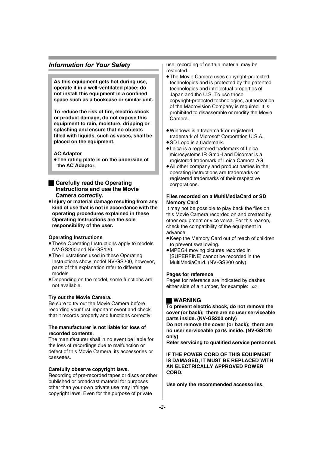 Panasonic NV-GS120GN operating instructions Information for Your Safety 