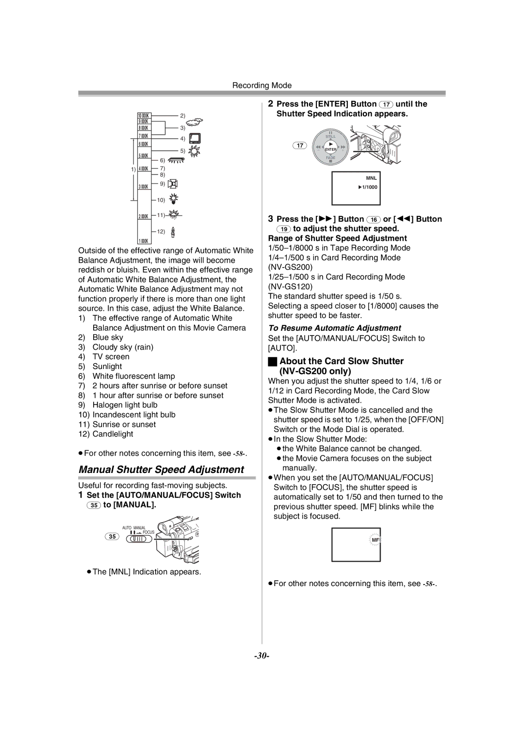 Panasonic NV-GS120GN operating instructions Manual Shutter Speed Adjustment, About the Card Slow Shutter NV-GS200 only 