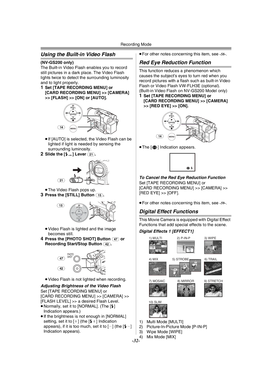 Panasonic NV-GS120GN Using the Built-in Video Flash, Red Eye Reduction Function, Digital Effect Functions 