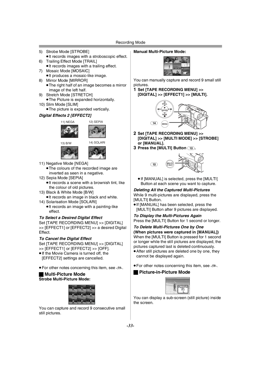 Panasonic NV-GS120GN operating instructions Multi-Picture Mode, Picture-in-Picture Mode 