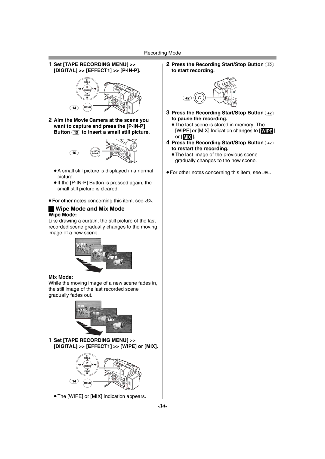 Panasonic NV-GS120GN operating instructions Wipe Mode and Mix Mode, Set Tape Recording Menu Digital EFFECT1 P-IN-P 