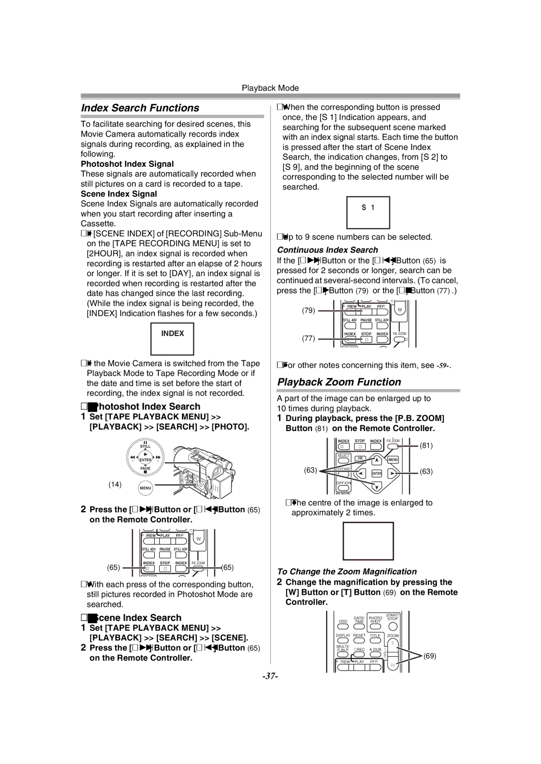 Panasonic NV-GS120GN Index Search Functions, Playback Zoom Function, Photoshot Index Search, Scene Index Search 