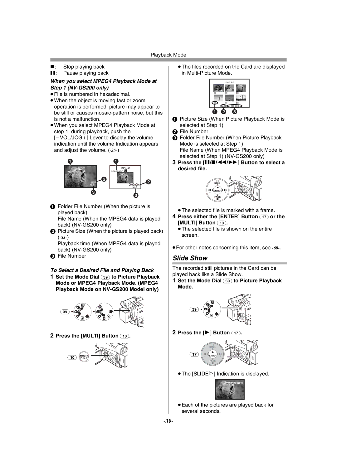 Panasonic NV-GS120GN operating instructions Slide Show, When you select MPEG4 Playback Mode at NV-GS200 only 