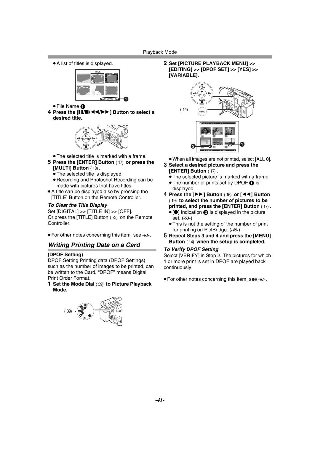 Panasonic NV-GS120GN Writing Printing Data on a Card, To Clear the Title Display, To Verify Dpof Setting 