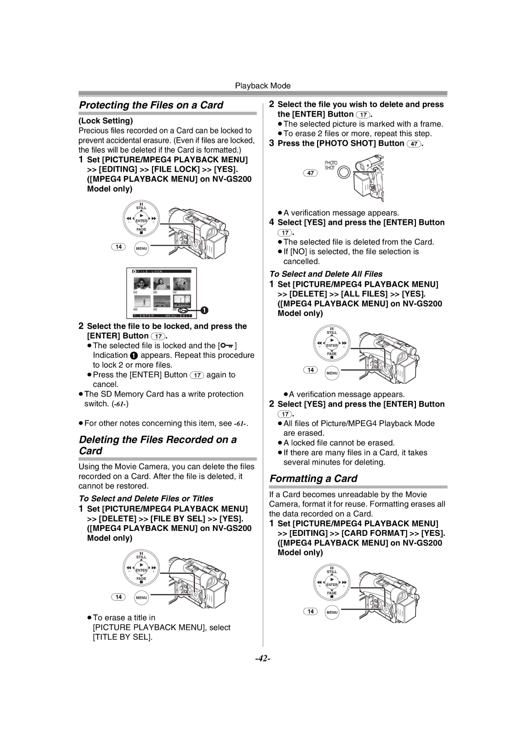 Panasonic NV-GS120GN Protecting the Files on a Card, Deleting the Files Recorded on a Card, Formatting a Card 