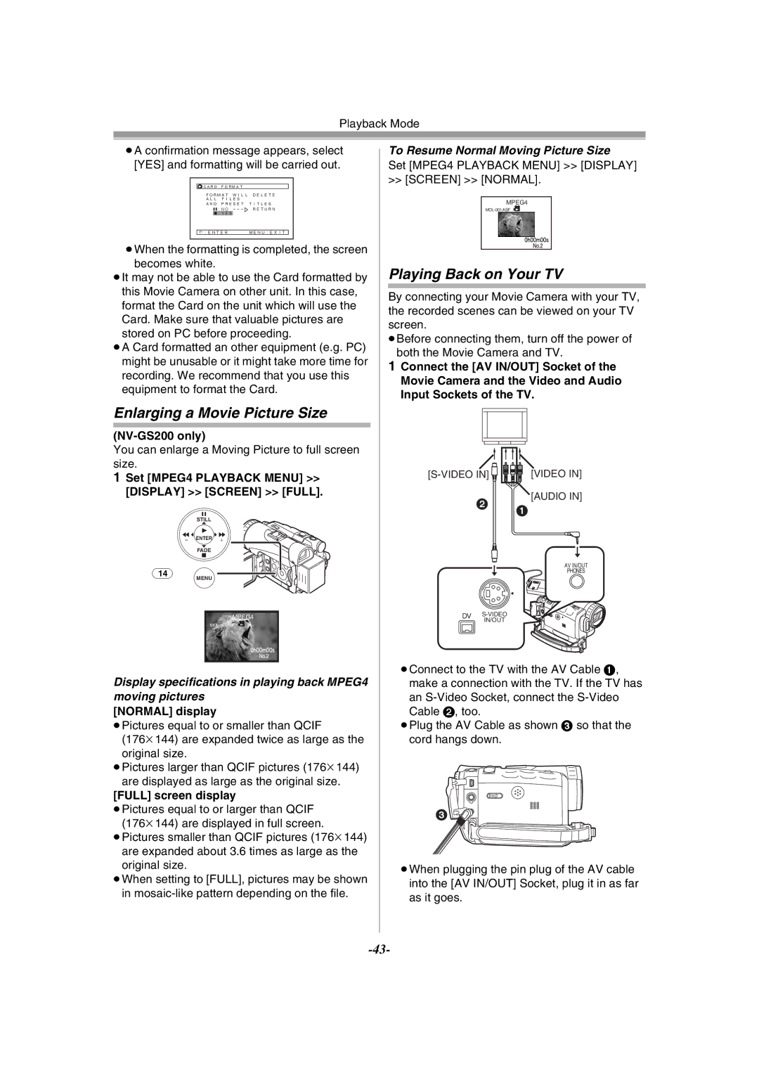 Panasonic NV-GS120GN operating instructions Enlarging a Movie Picture Size, Playing Back on Your TV, Display Screen Full 