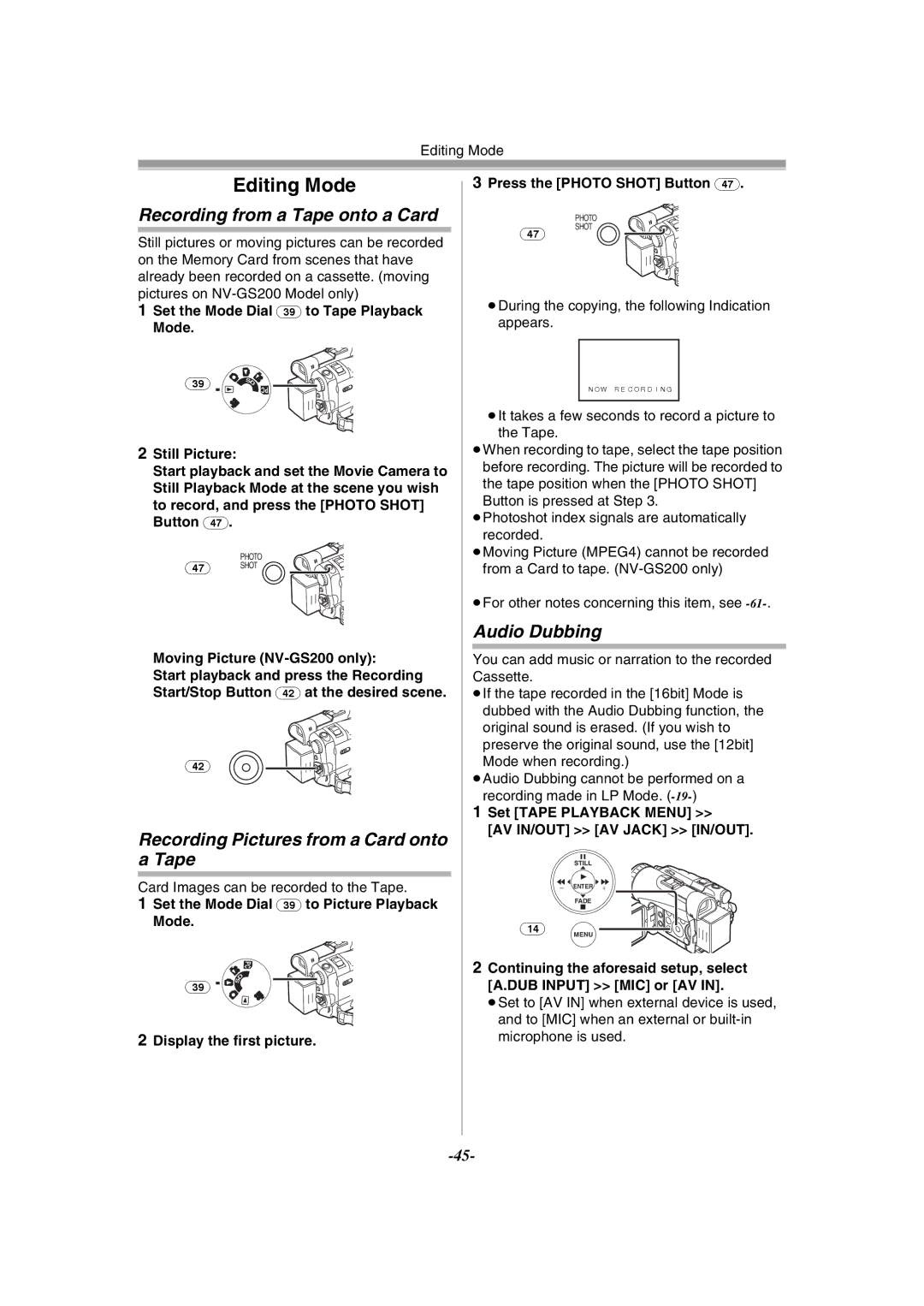 Panasonic NV-GS120GN Recording from a Tape onto a Card, Recording Pictures from a Card onto a Tape, Audio Dubbing 