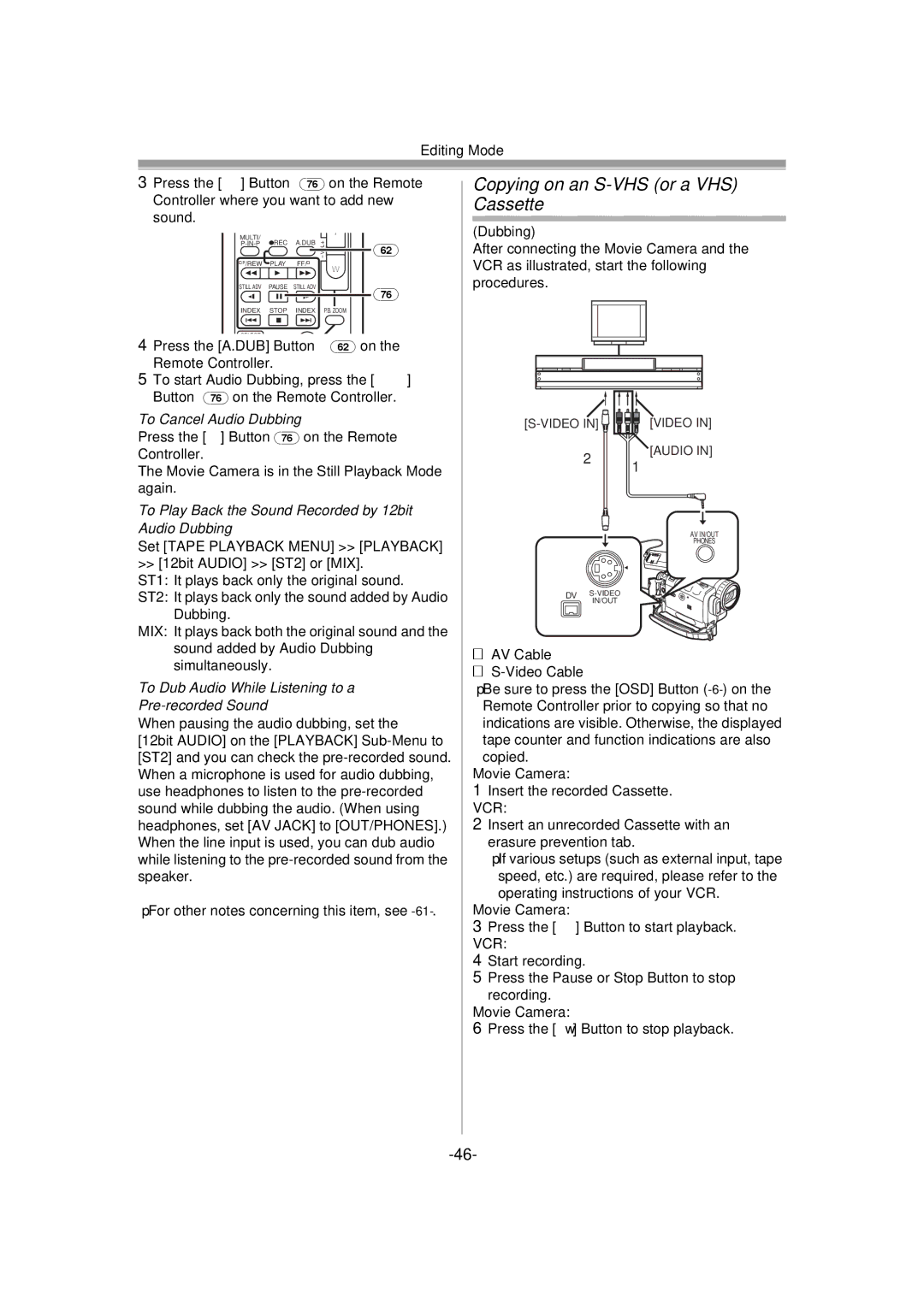 Panasonic NV-GS120GN operating instructions Copying on an S-VHS or a VHS Cassette, To Cancel Audio Dubbing, Vcr 