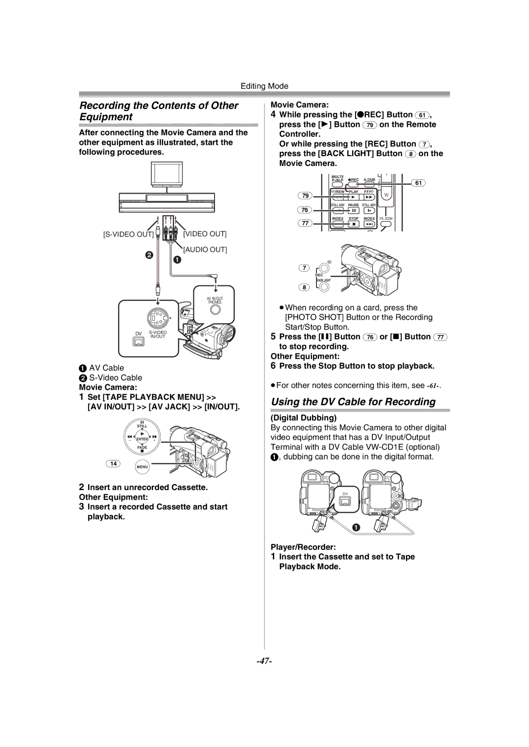 Panasonic NV-GS120GN operating instructions Recording the Contents of Other Equipment, Using the DV Cable for Recording 