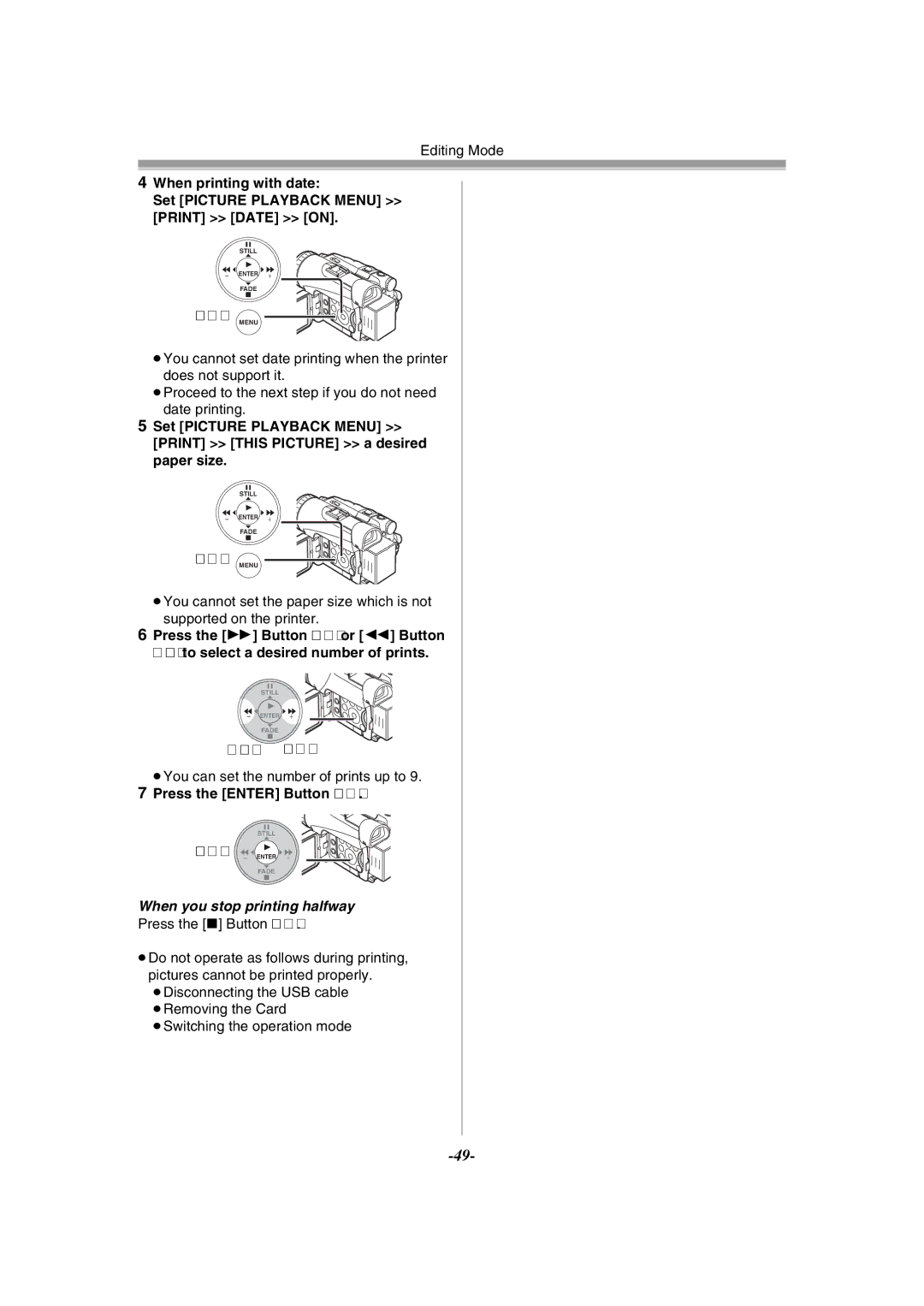 Panasonic NV-GS120GN operating instructions ≥You can set the number of prints up to, When you stop printing halfway 