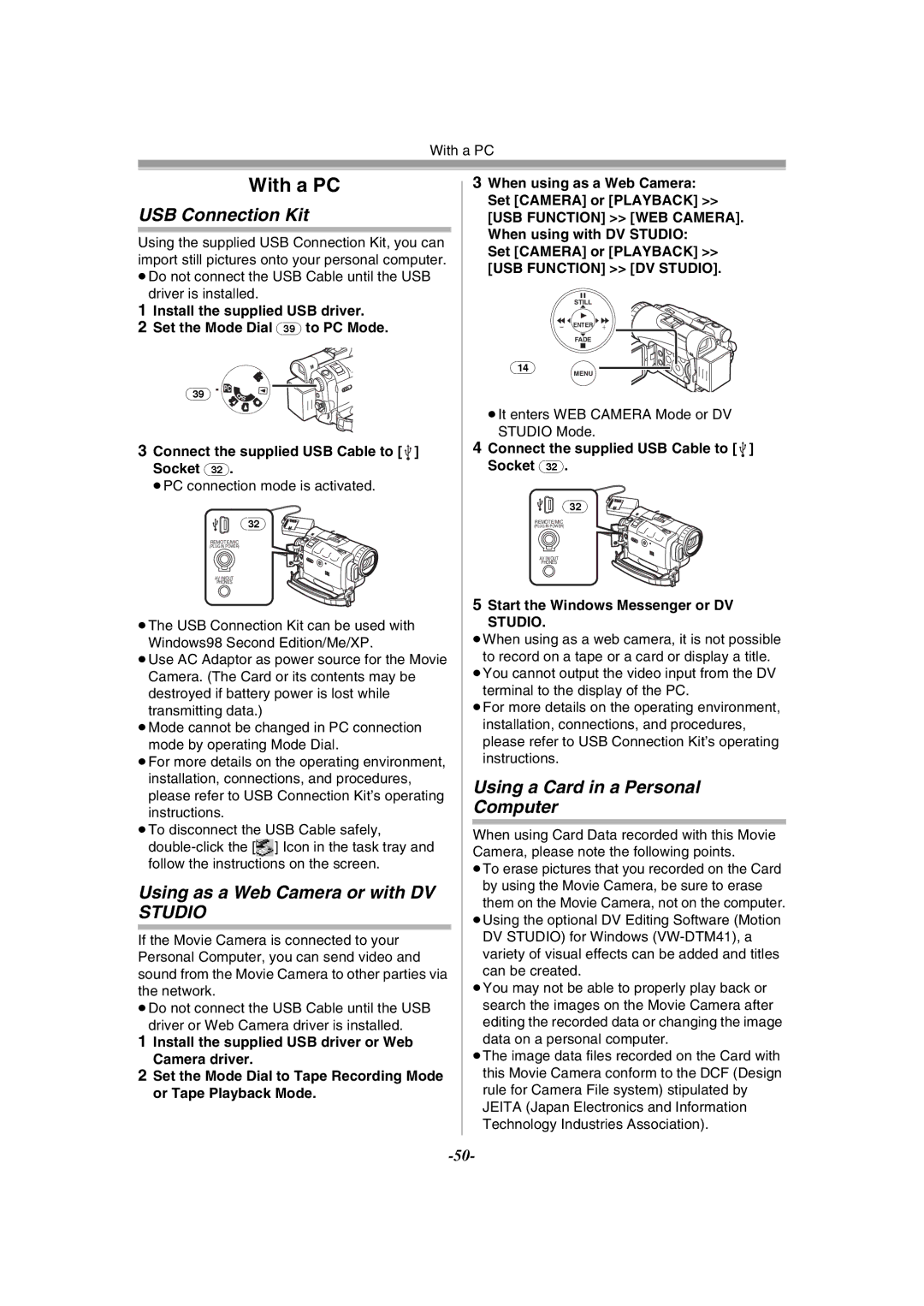 Panasonic NV-GS120GN USB Connection Kit, Using as a Web Camera or with DV Studio, Using a Card in a Personal Computer 