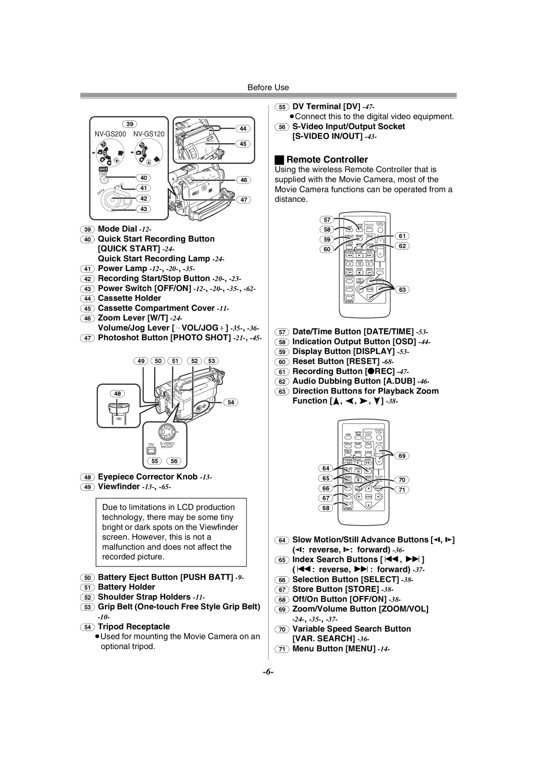 Panasonic NV-GS120GN operating instructions Remote Controller, Eyepiece Corrector Knob Viewfinder -13, DV Terminal DV 