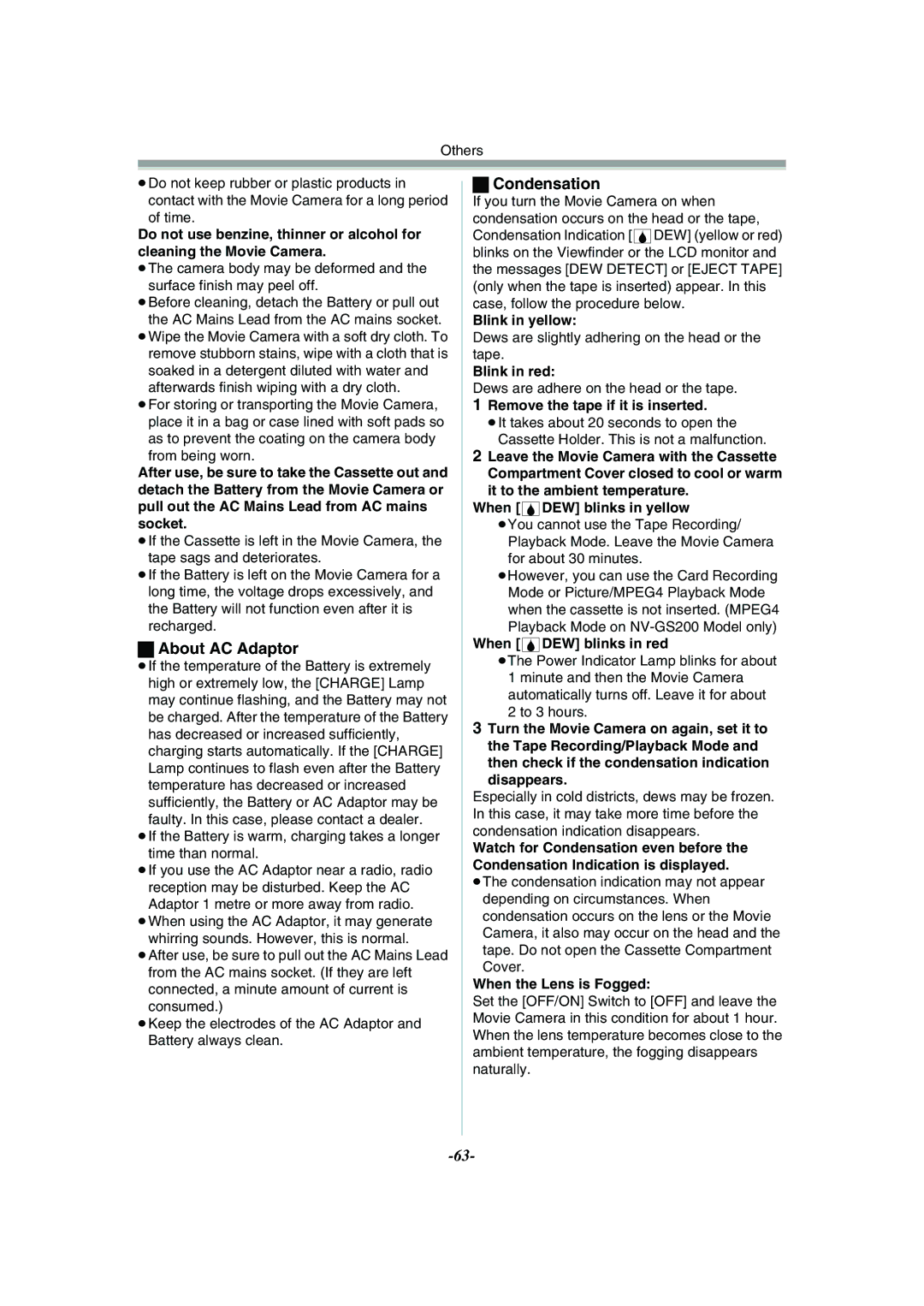 Panasonic NV-GS120GN operating instructions About AC Adaptor, Condensation 