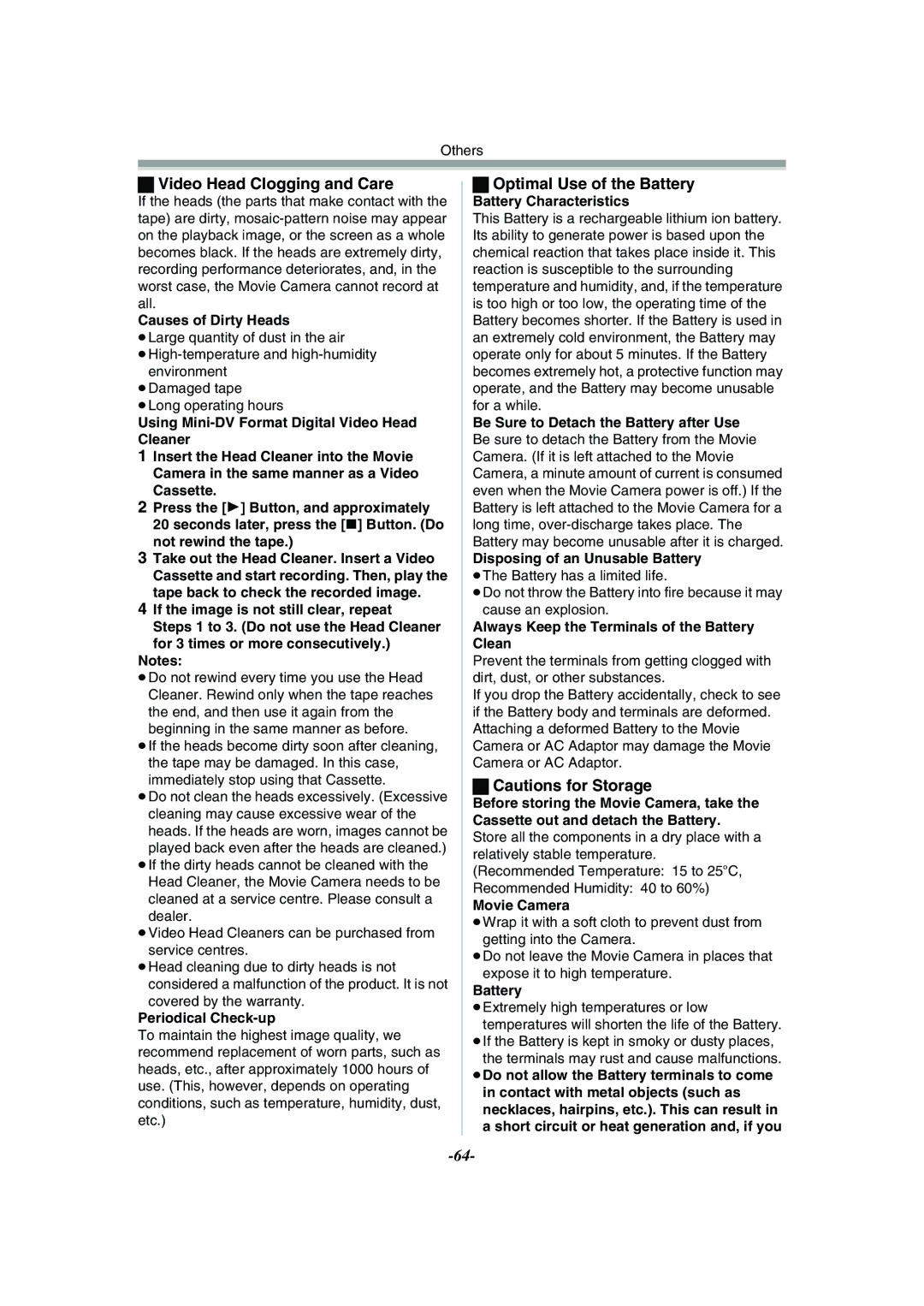 Panasonic NV-GS120GN operating instructions Video Head Clogging and Care, Optimal Use of the Battery 