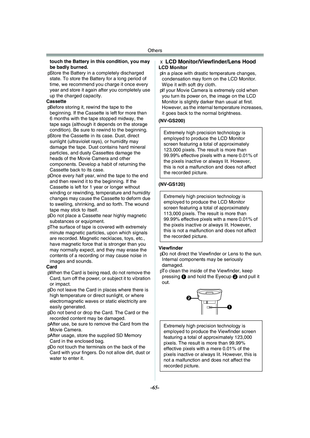 Panasonic NV-GS120GN operating instructions LCD Monitor/Viewfinder/Lens Hood, Cassette 