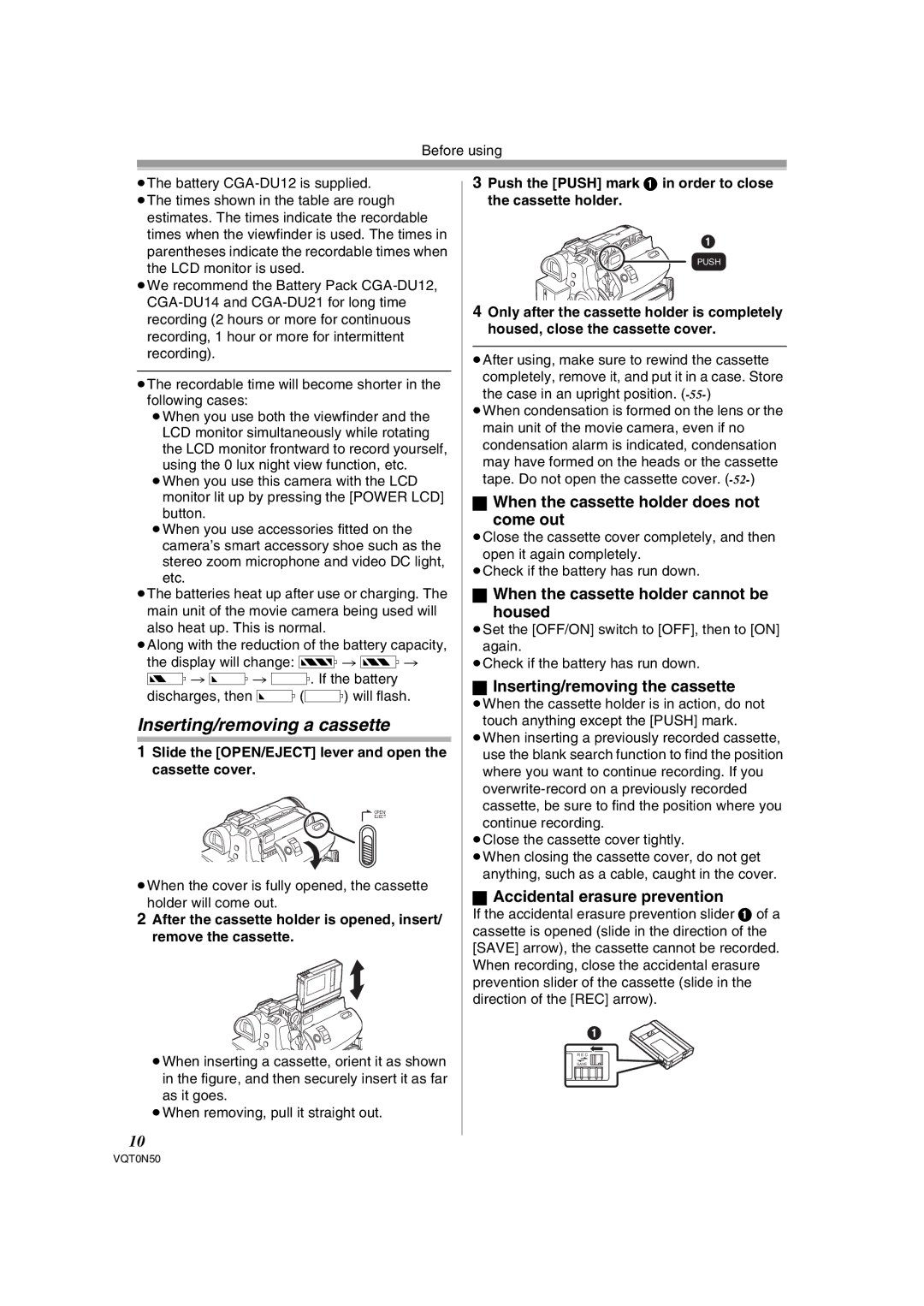 Panasonic NV-GS150GN operating instructions Inserting/removing a cassette, When the cassette holder does not Come out 